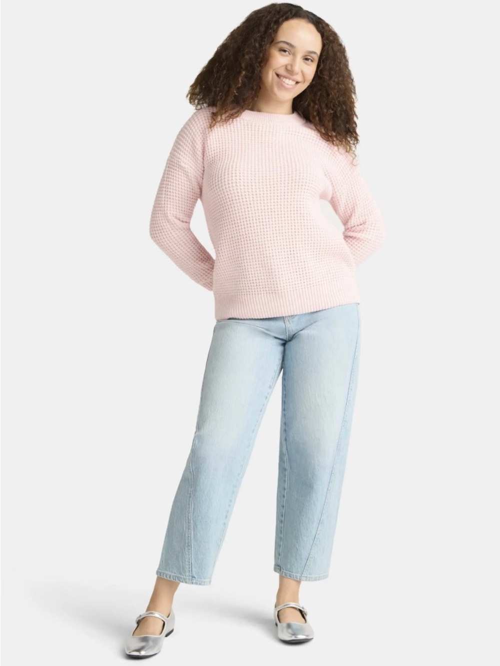 Time and Tru Light Pink Waffle-Stitch Crewneck Sweater Size Medium NWT